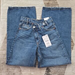 Zara Dark Blue Crossed Waist Wide Leg Jeans Size 34